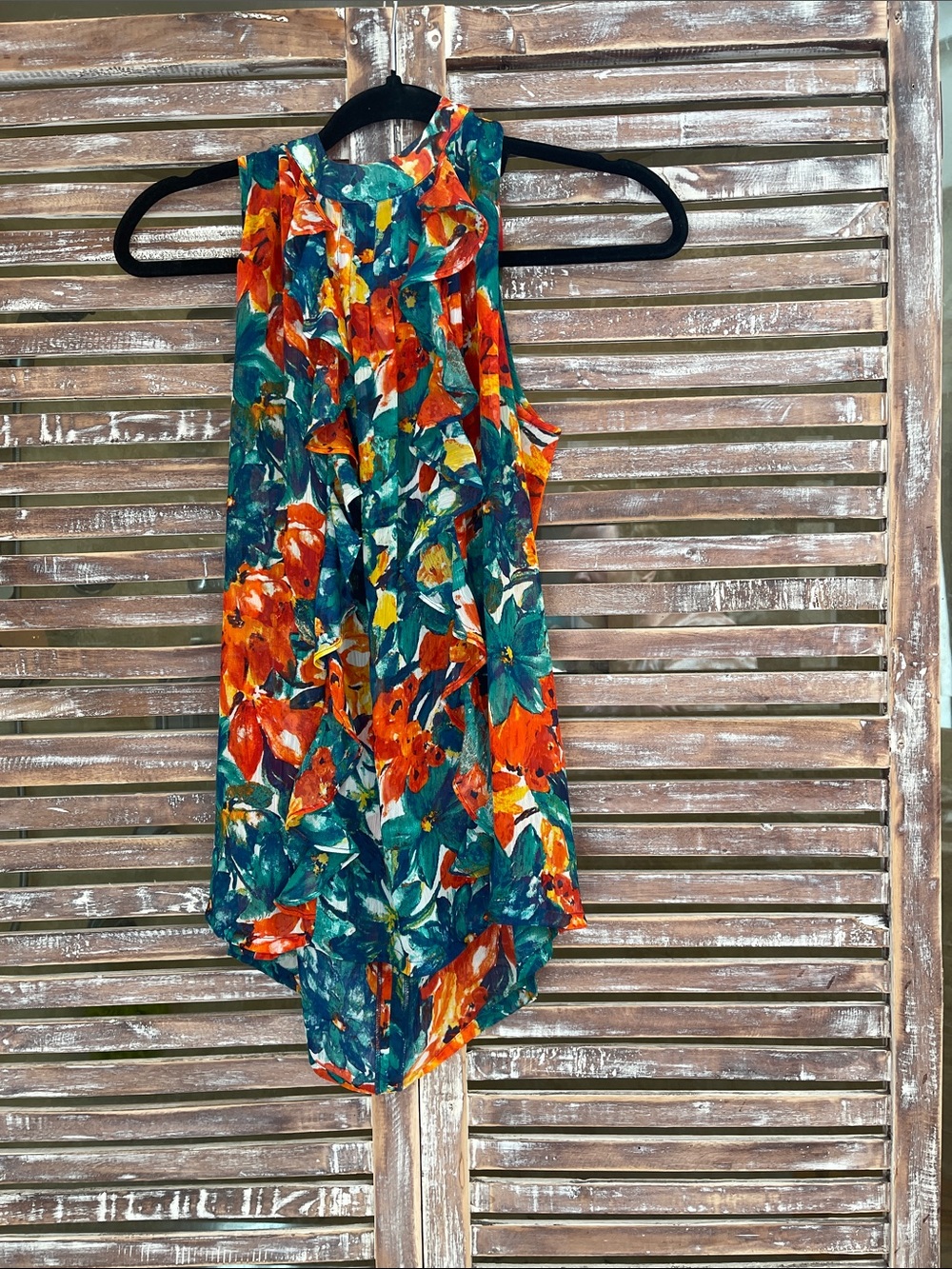 Floral Sleeveless Ruffle Neck Blouse - Teal & Orange